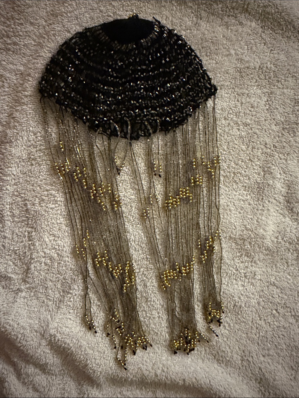 Black Beaded Fringe Hair Accessory with Gold Accents